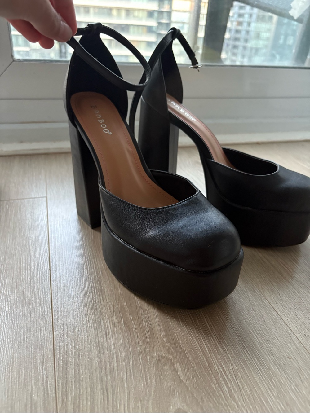BAMBOO Black High Platform Ankle-Strap Pumps